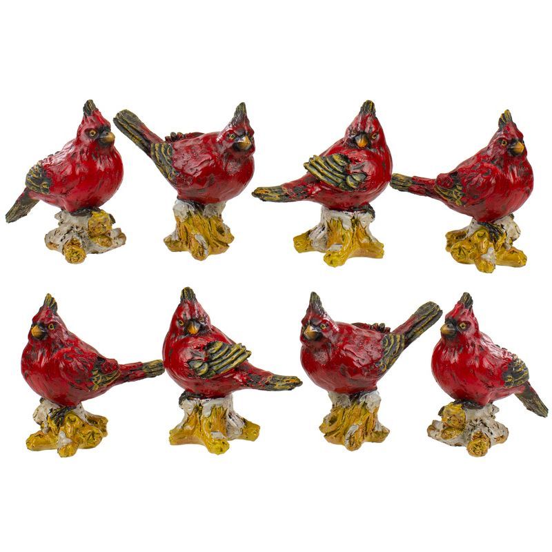 Set of 8 Red Resin Cardinal Bird Figurines on Branches