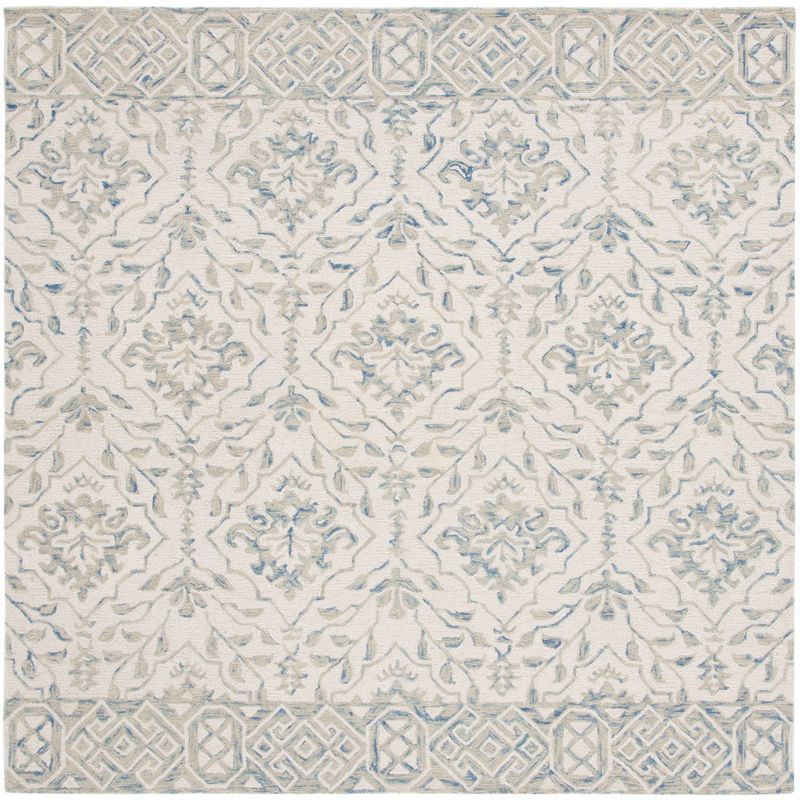 Handmade Light Blue and Ivory Wool Tufted Square Rug 7'x7'