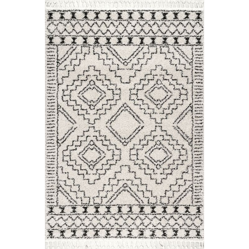 Off-White Geometric Shag Synthetic 6'7" x 9' Area Rug