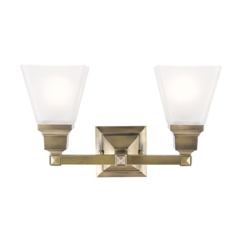 Antique Brass 2-Light Vanity Fixture with Satin Glass Shades