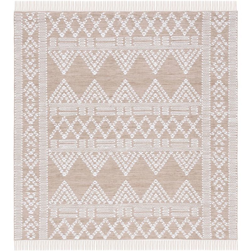 Ivory and Beige Square Flat Woven Wool Area Rug