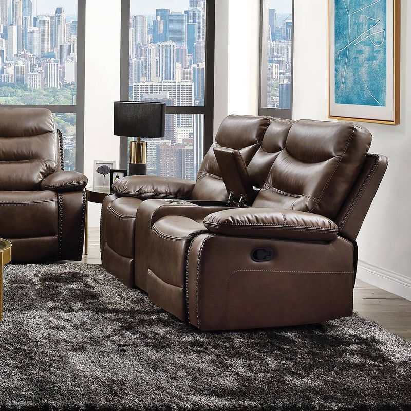 Aashi Brown Leather Tufted Reclining Loveseat with Storage Console