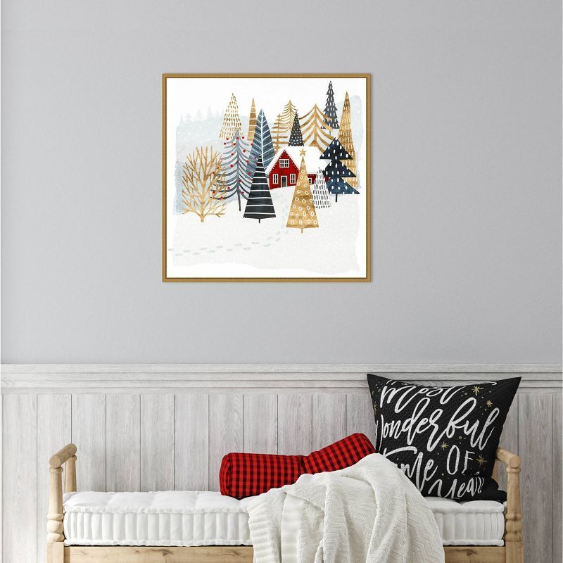 22" x 22" Gold Framed Christmas Chalet Canvas Wall Art