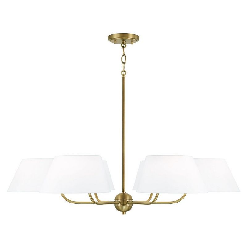 Aged Brass 6-Light Chandelier with White Fabric Drum Shades