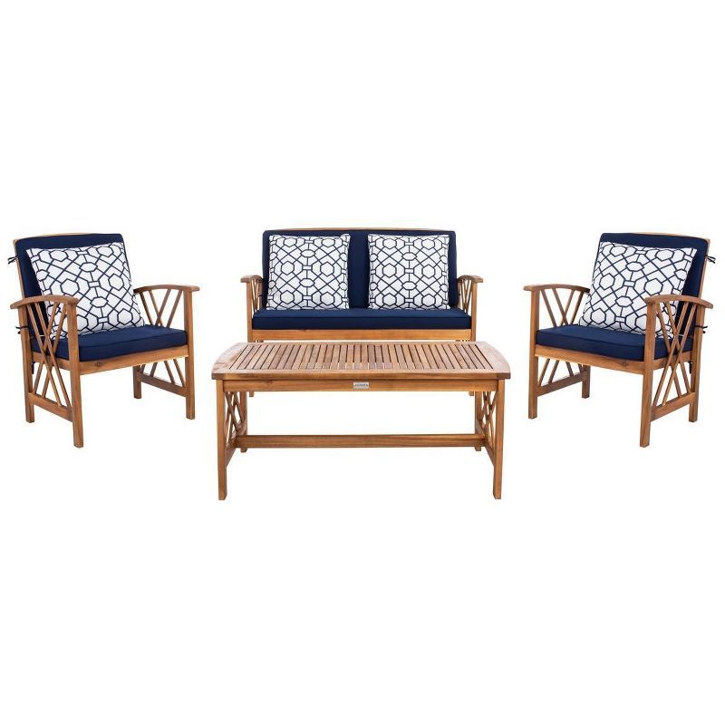 Fontana Natural Acacia Wood 4-Piece Patio Conversation Set with Navy Cushions