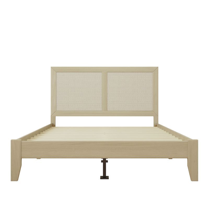 Natural Rubber Wood Queen Platform Bed with Rattan Headboard