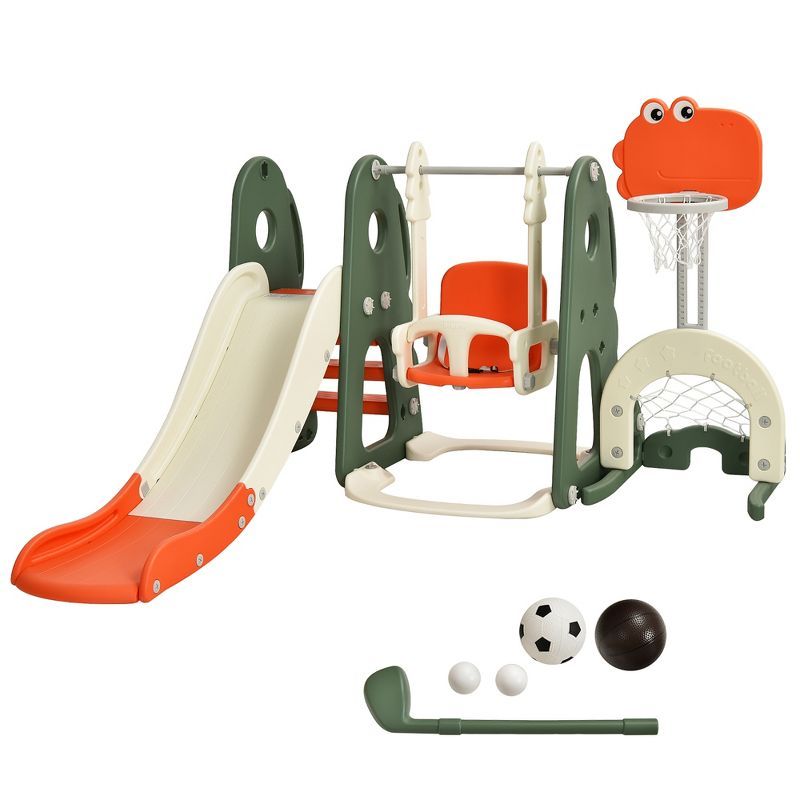 6-in-1 Orange and White Toddler Slide and Swing Set with Ball Games