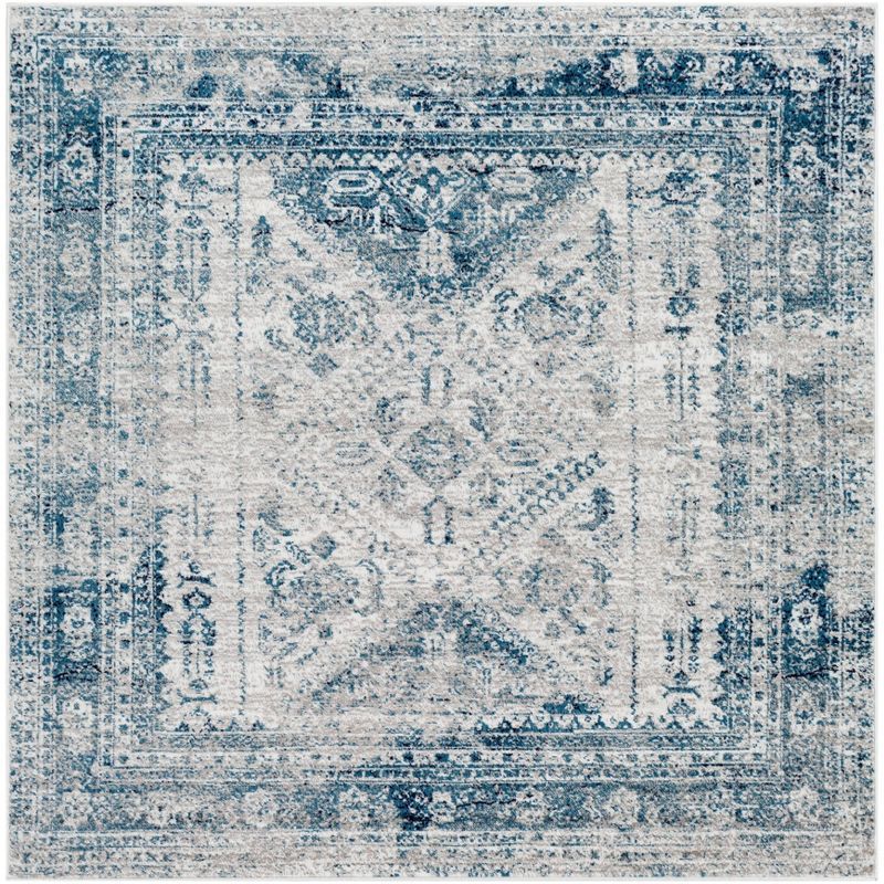 Blue and White Square Stain-Resistant Synthetic Rug