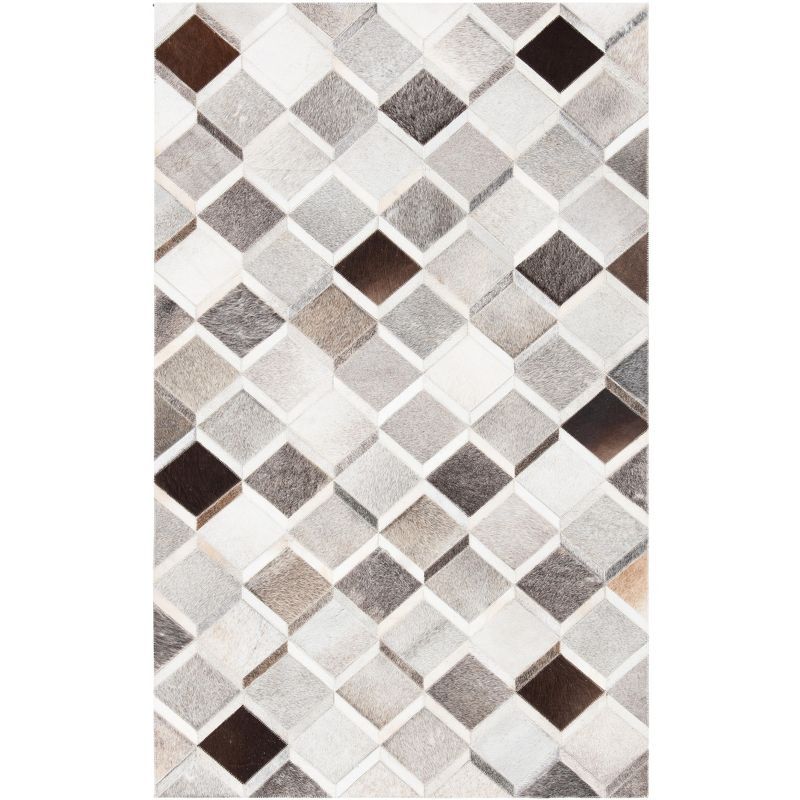 Ivory and Grey Geometric Hand-Knotted Cowhide Area Rug