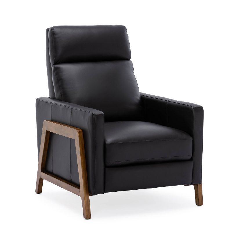 Reed Black Leather and Wood Push Back Recliner