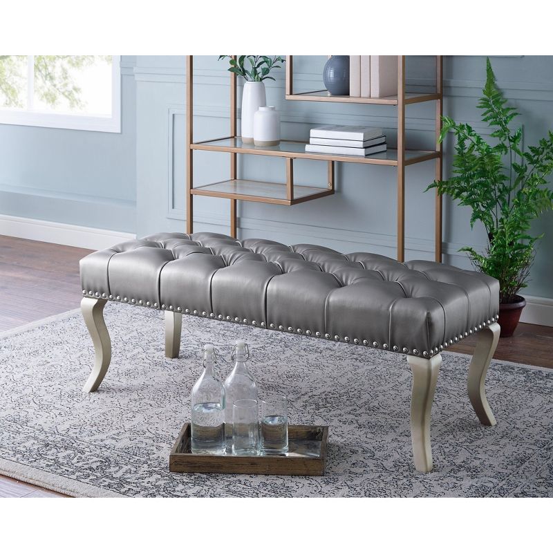 Champagne Elegance 48" Tufted Faux Leather Bench with Nailhead Trim