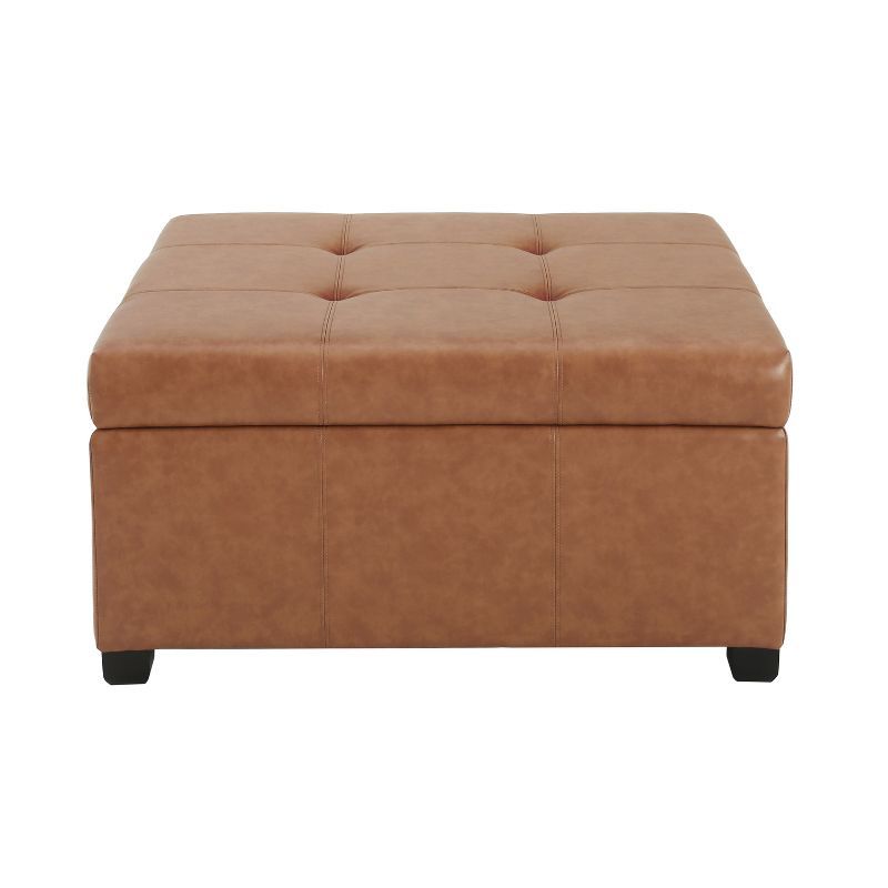 Tan Faux Leather Tufted Square Storage Ottoman with Wood Frame