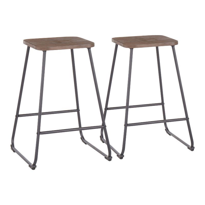 Industrial Black Metal and Espresso Wood Backless Counter Stools, Set of 2