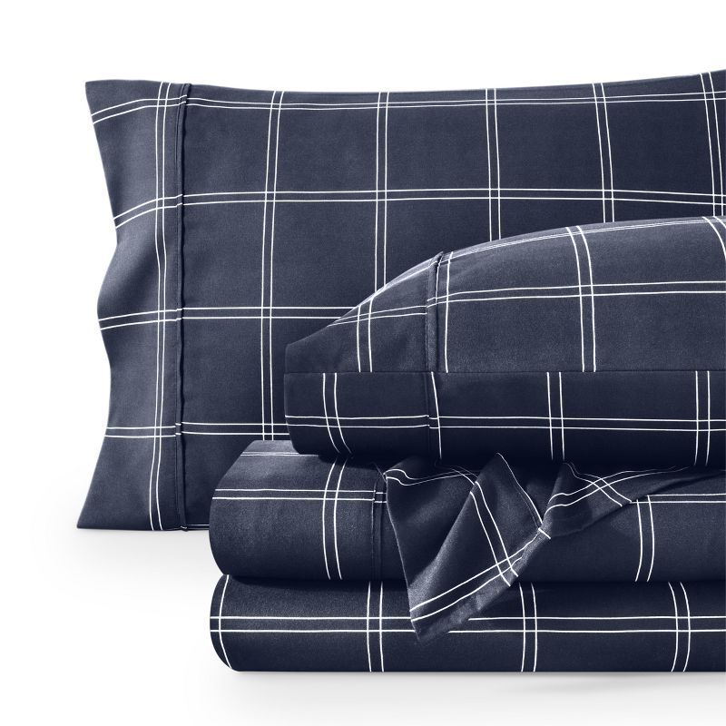 Queen Modern Plaid Midnight/White Deep Pocket Microfiber Sheet Set