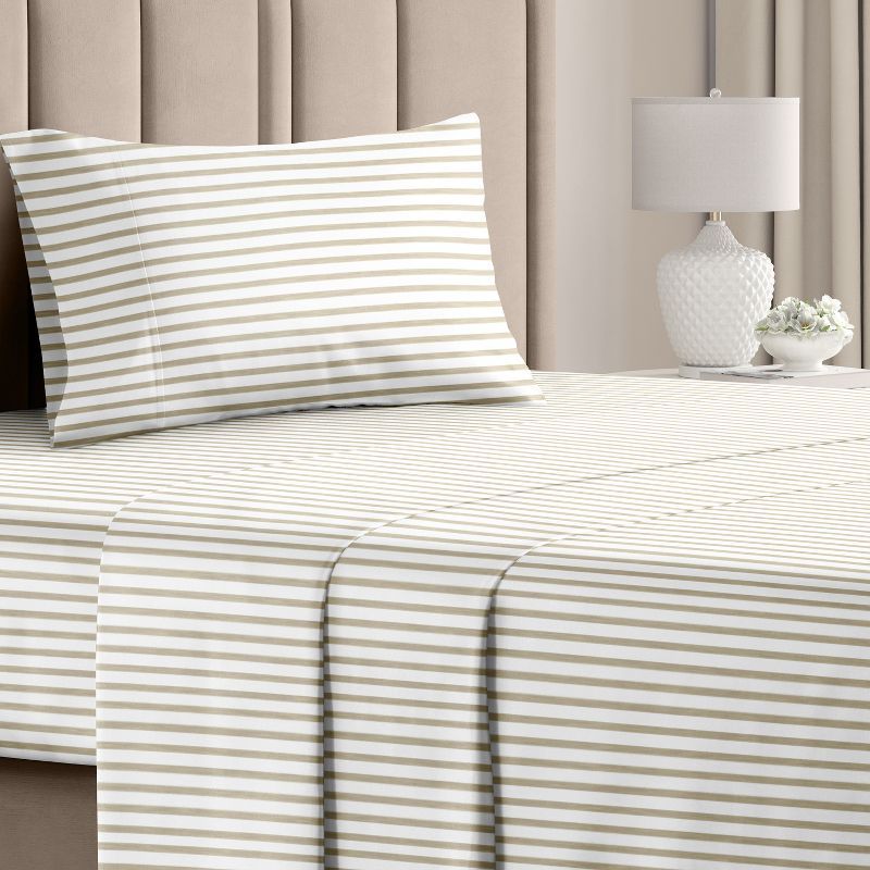 Twin Beige Striped Microfiber Deep Pocket Sheet Set