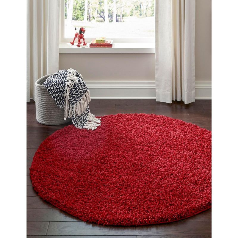 Cherry Red Round Shag Synthetic Indoor Area Rug