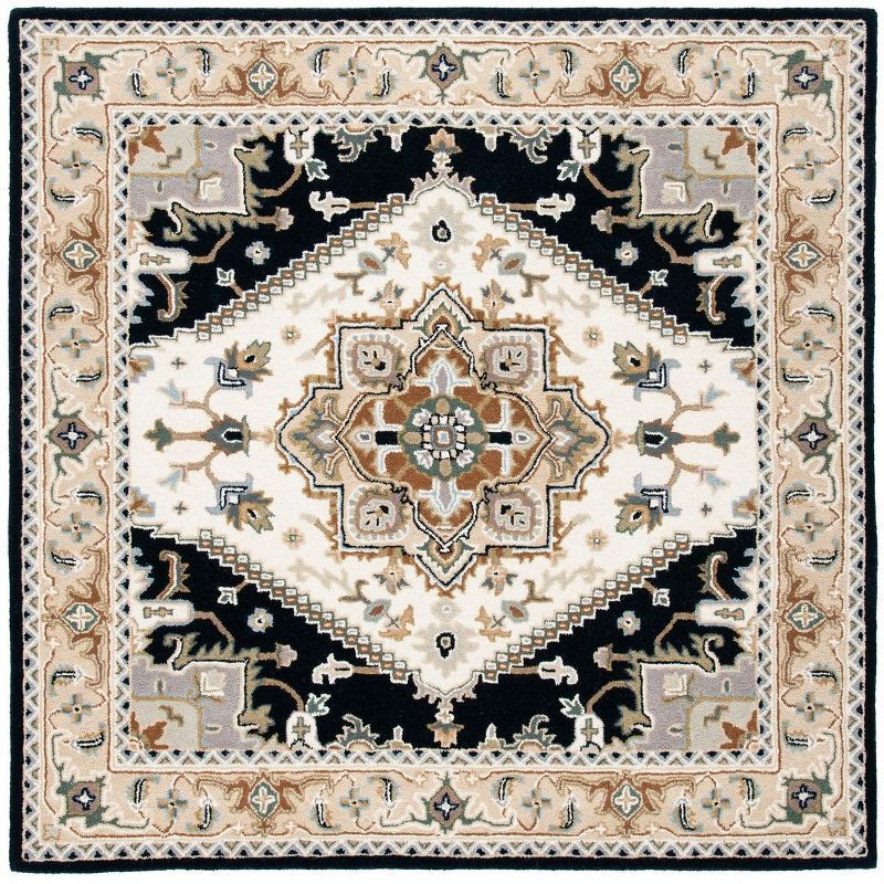 Beige and Navy Hand-Tufted Wool Square Area Rug 6' x 6'