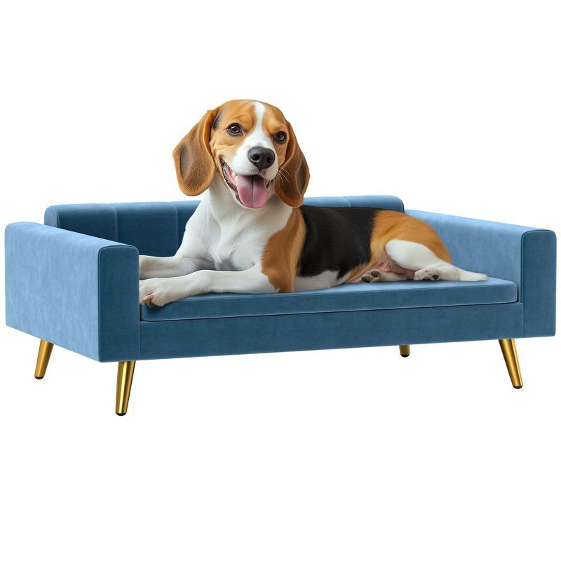 Modern Dark Blue Velvet Dog Sofa Bed with Gold Legs