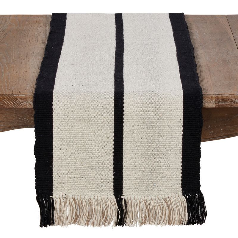 Rustic Cream and Black Cotton Fringe Table Runner