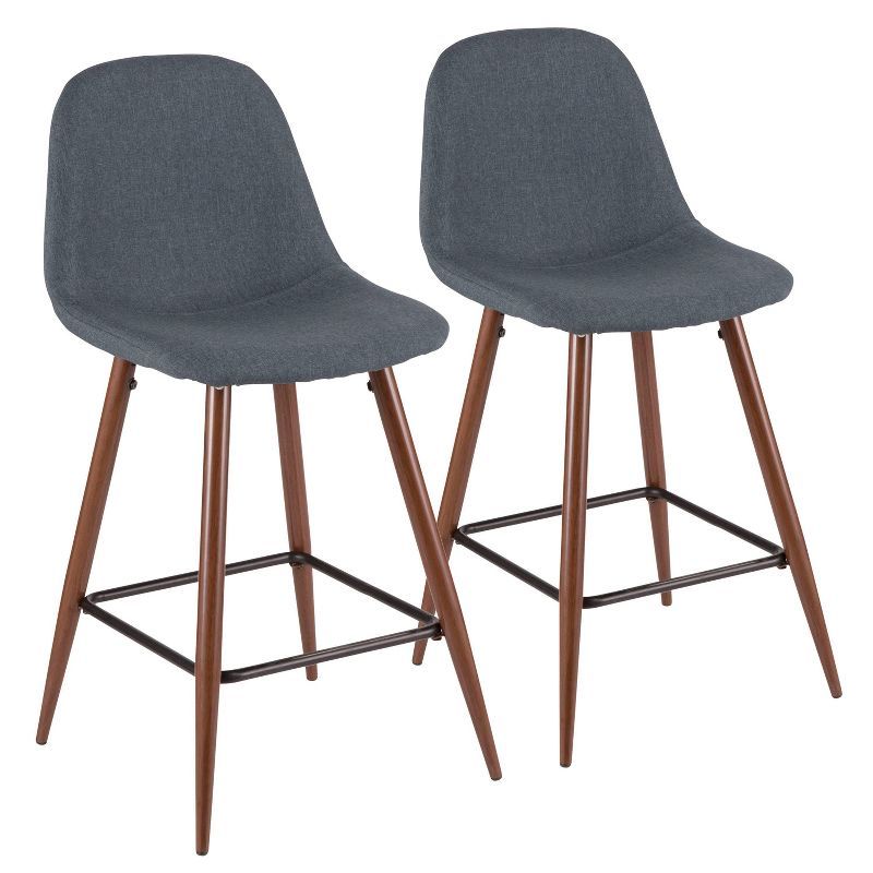 Set of 2 Blue Fabric and Walnut Wood Mid-Century Modern Bar Stools