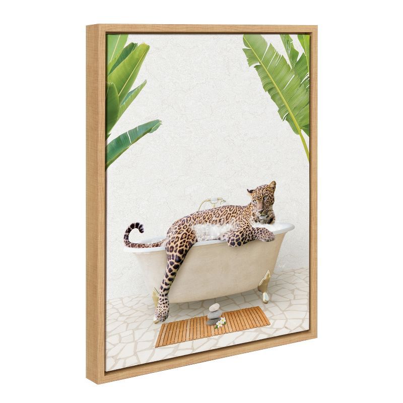 Natural Framed Leopard in Bath Canvas Wall Art, 18x24