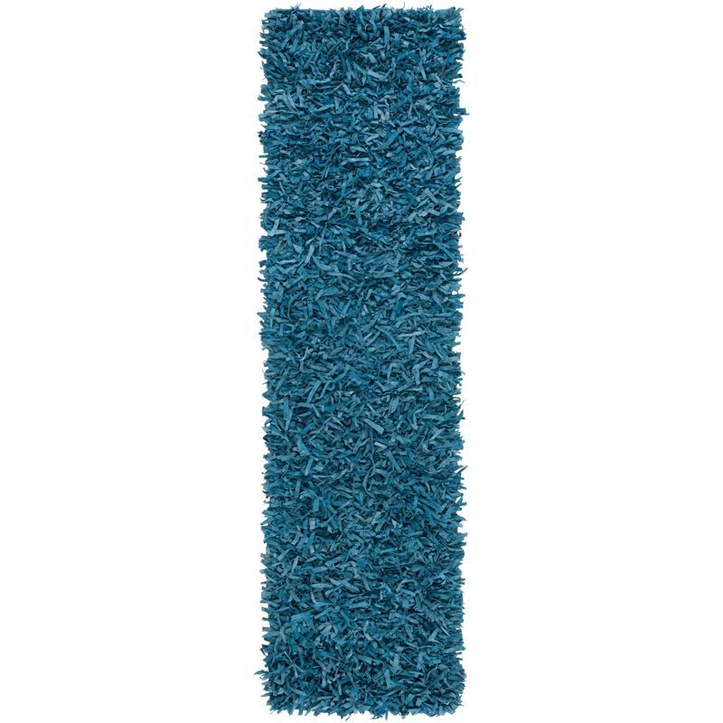 Hand-Knotted Light Blue Leather Shag Runner Rug