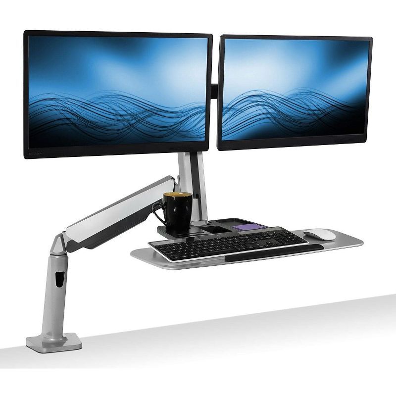 Adjustable Silver Standing Desk Converter with Dual Monitor Mount