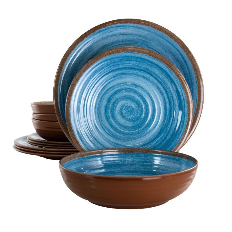 Rippled Tides Blue and Brown Melamine 12-Piece Dinnerware Set