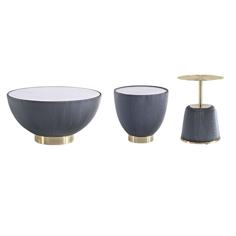 Gray and Gold Ceramic Faux Leatherette Accent Table Set of Three