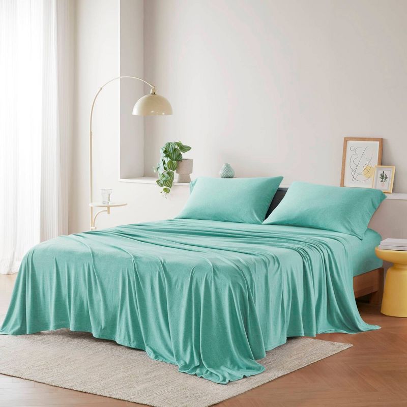 Aqua Queen Jersey Knit Polyester Cotton Sheet Set