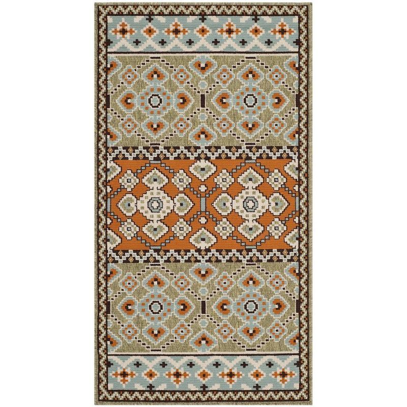 Green and Terracotta Floral Synthetic Washable Area Rug