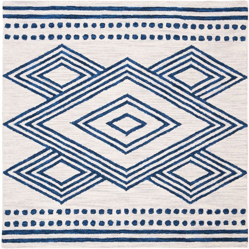 Ivory and Navy Hand-Tufted Wool Tribal Round Rug, 5' x 5'