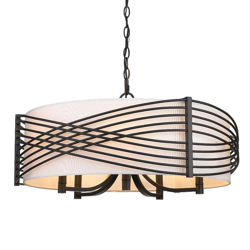 Matte Black Steel Drum 5-Light Chandelier with White Shade