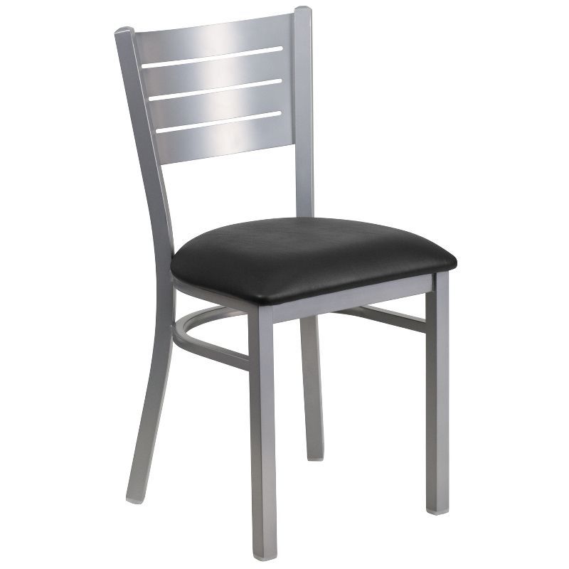 Elevated Slat Back Silver Steel Side Chair with Black Vinyl Seat