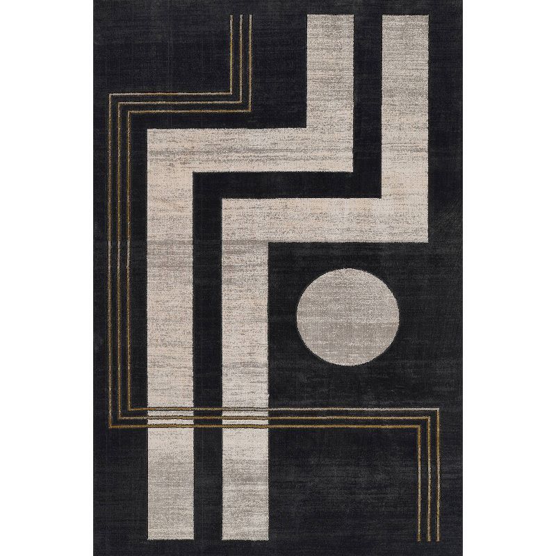 Charcoal and Cream Geometric Polyester Area Rug, 5'1" x 7'7"