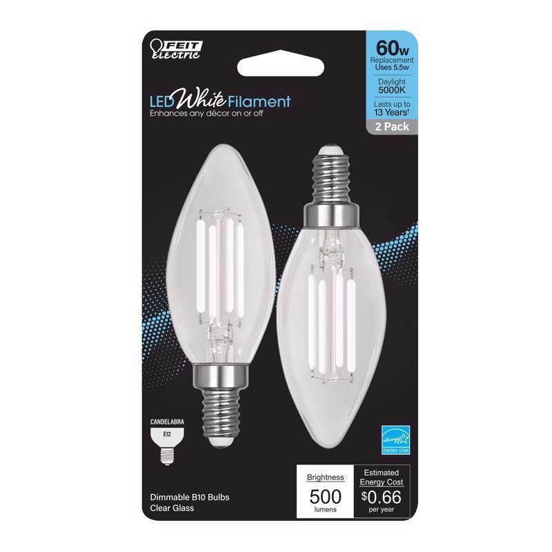 Feit White Filament Dimmable LED Candelabra Bulbs, 60W Equivalent, 2-Pack