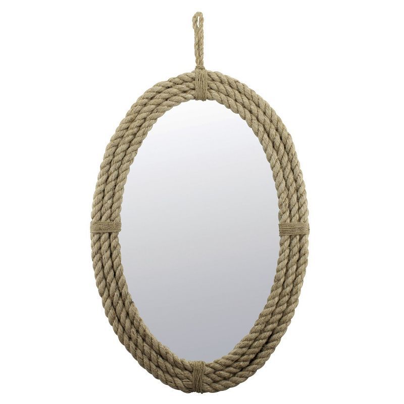 Nautical Oval Wood Wall Mirror with Silver Rope Accent