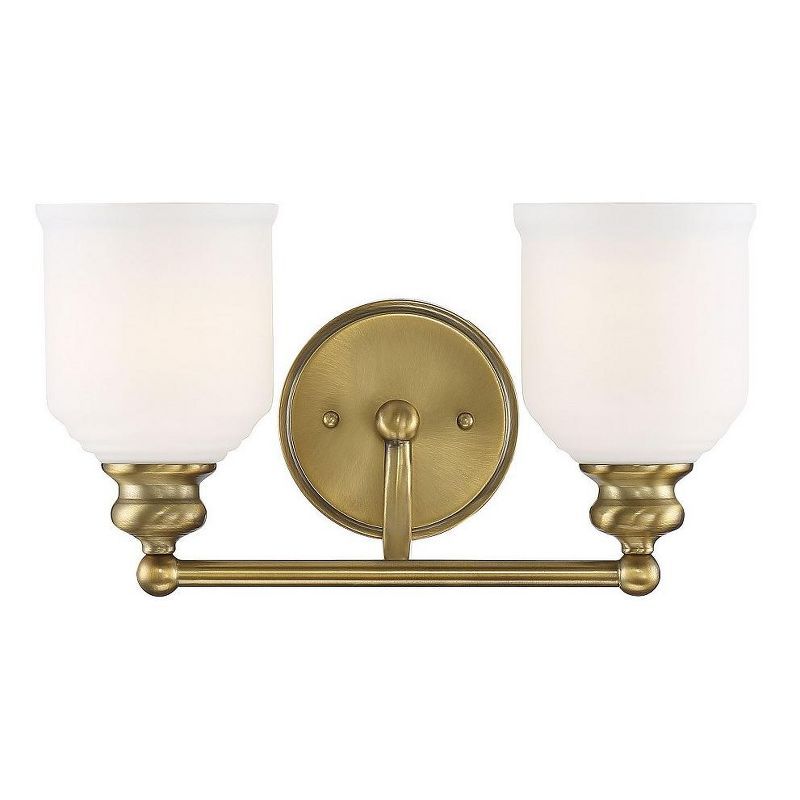 Melrose Warm Brass 2-Light Vanity Fixture with Opal Glass Shades