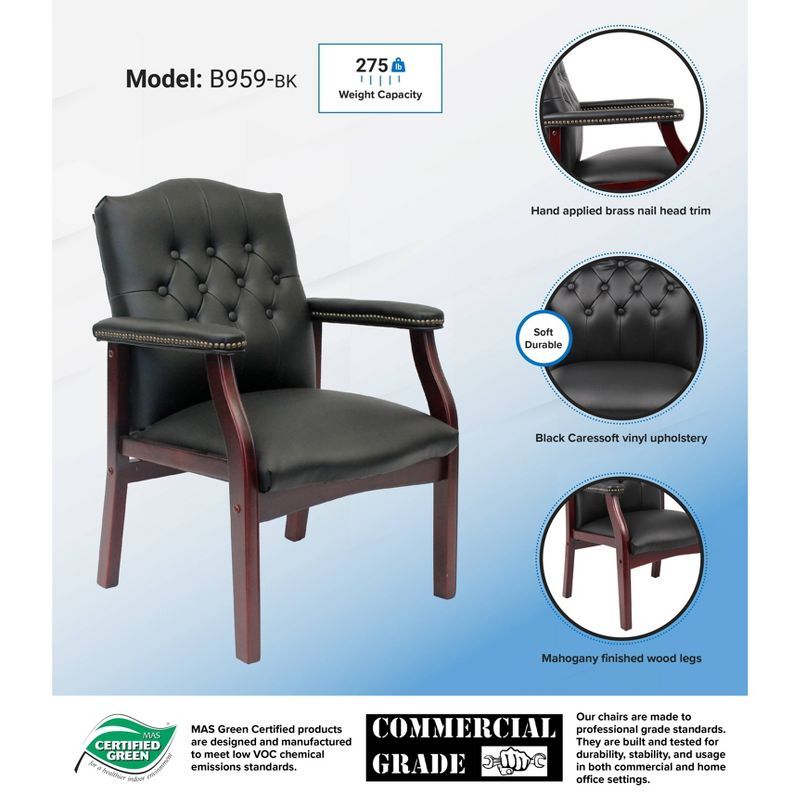 Classic Traditional Button Tufted Black Vinyl Guest Chair with Mahogany Wood Frame