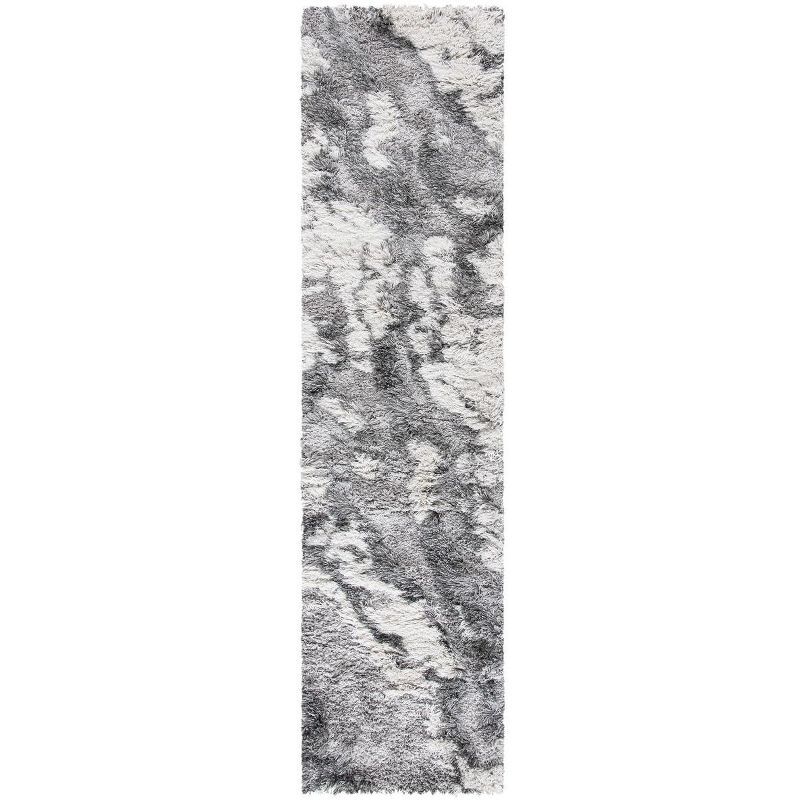 Gray and Ivory Abstract Shag Runner Rug