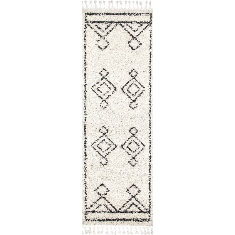 Off-White Moroccan Diamond Shag Runner Rug with Tassels