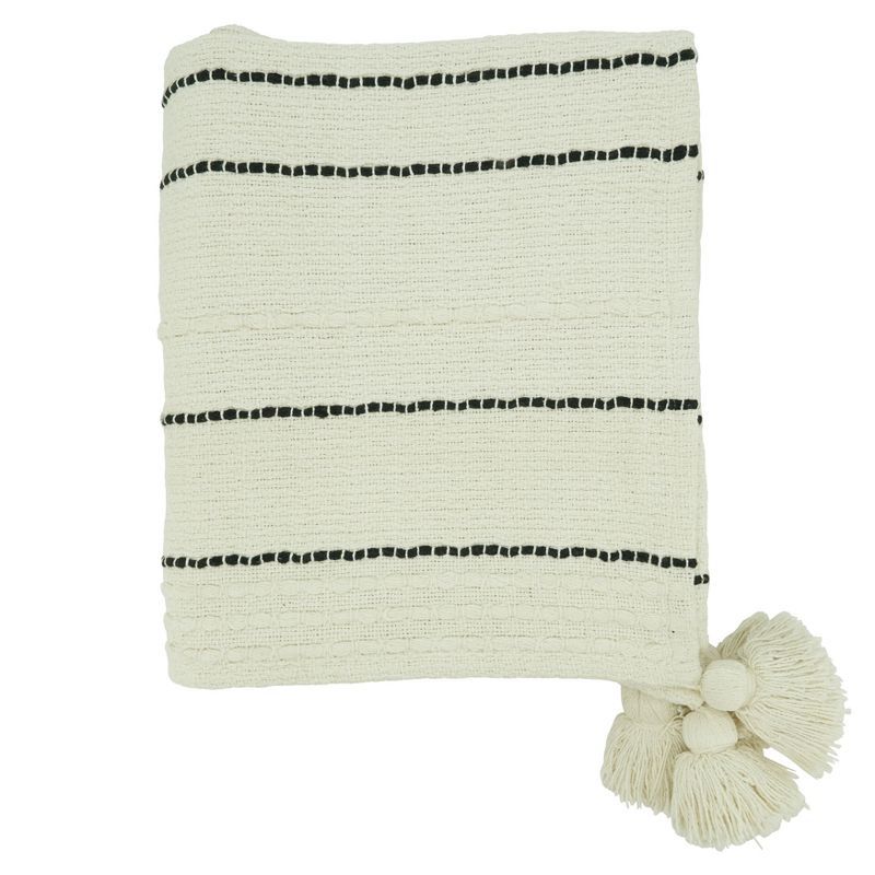 Ivory Cotton Stripe Chunky Tassel Throw Blanket