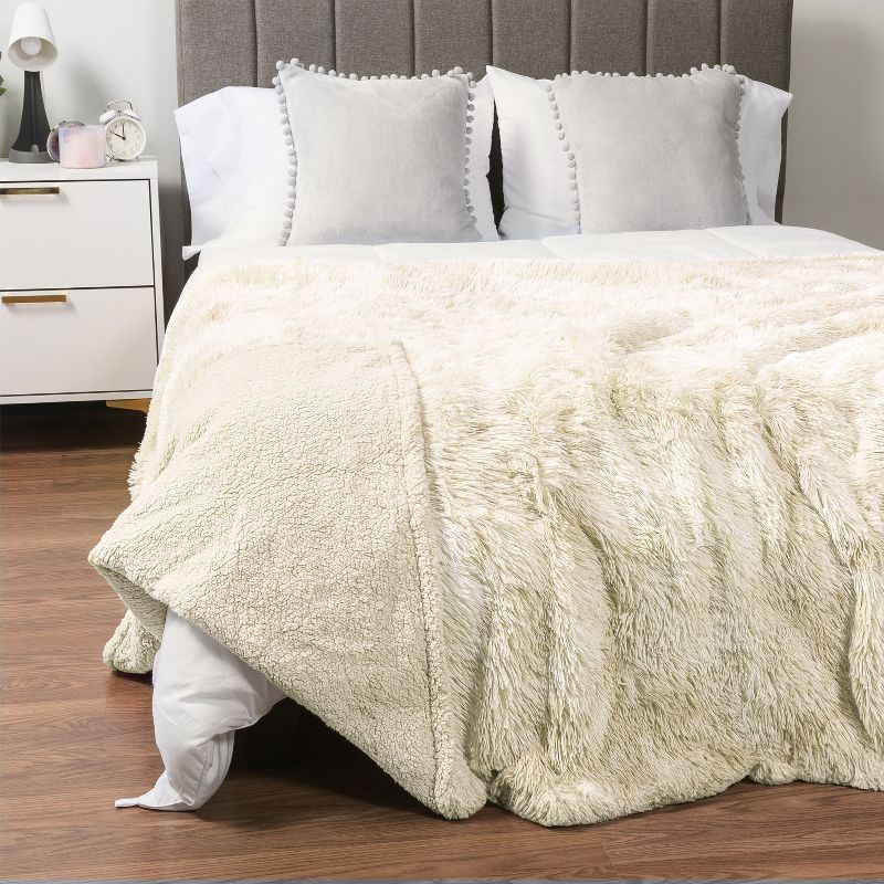 PAVILIA Fluffy Faux Fur Reversible Throw Blanket for Bed, Sofa, and Couch