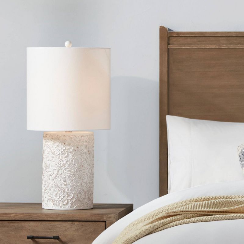 Ivory Floral Embossed Resin Cylinder Table Lamp with 3-Way Switch