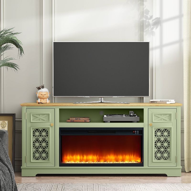 Festivo Green 70" TV Stand with Fireplace and Cabinets