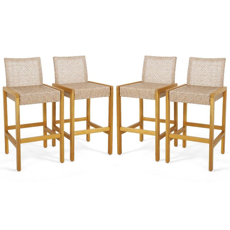 Set of 4 Light Brown PE Rattan and Acacia Wood Barstools