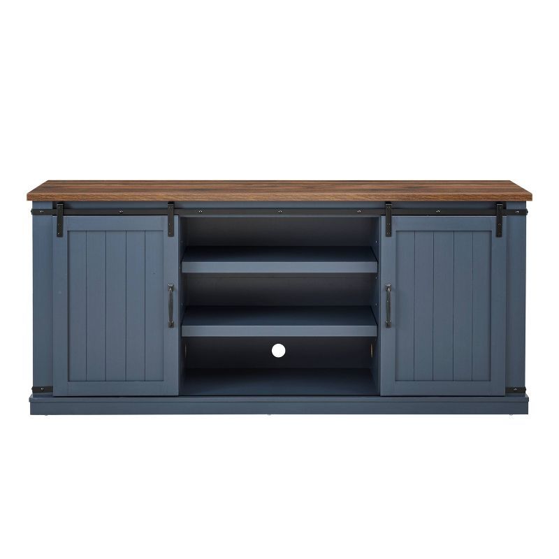 Navy Sliding Barn-Door TV Stand with Cabinet and Shelves