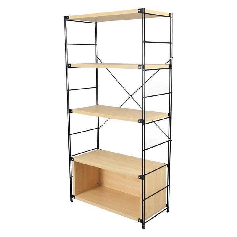 Brentwood Natural Wood and Black Steel 4-Shelf Etagere Bookcase