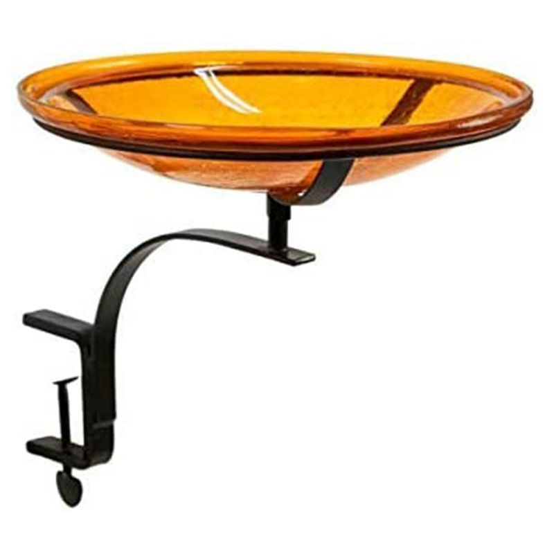 Mandarin Orange 14-Inch Hand Blown Crackle Glass Birdbath with Rail Mount