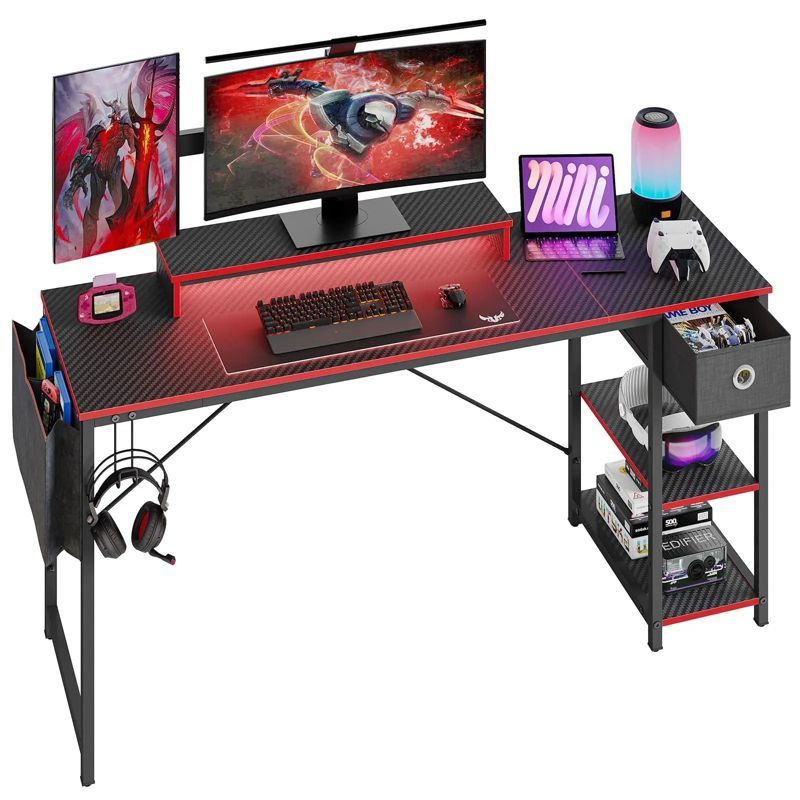 Black 61-Inch LED Computer Desk with Drawer and Headphone Hook